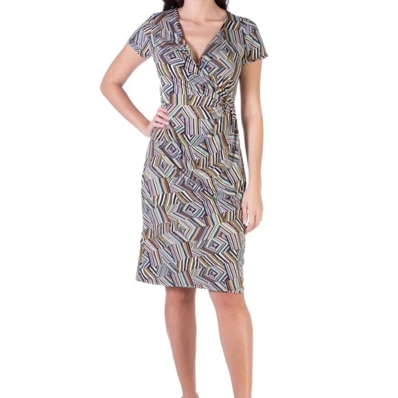 24Seven | Dresses | 24seven Womens Large Faux Wrap Dress Green Pink  Geometric Print Knee Length | Poshmark